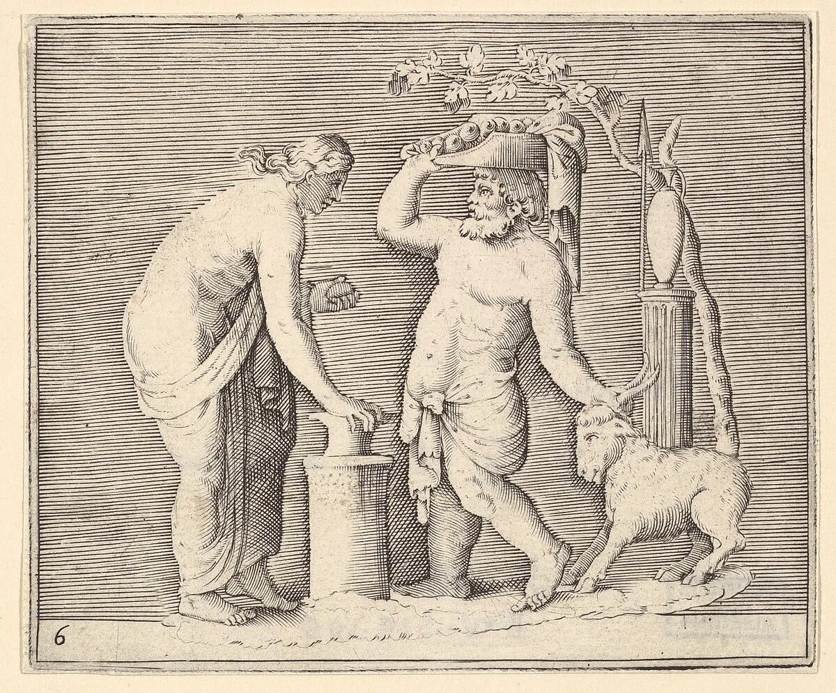 Man and Woman Sacrificing a Goat, from "Ex Antiquis Cameorum et Gemmae Delineata/ Liber Secundus/et ab Enea Vico Parmen Incis" — Enea Vico|Francesco Angeloni|Battista Franco|Philippe Thomassin|Anonymous, Italian, 16th century