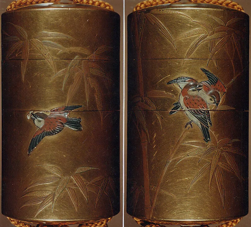 竹雀蒔絵印籠 銘「見行」|Inrō with Sparrows and Bamboo — Unknown