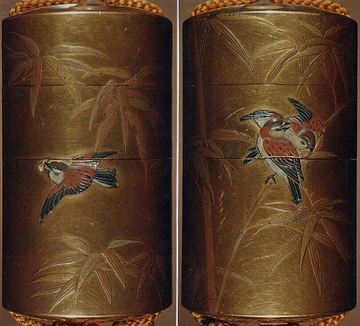 竹雀蒔絵印籠 銘「見行」|Inrō with Sparrows and Bamboo