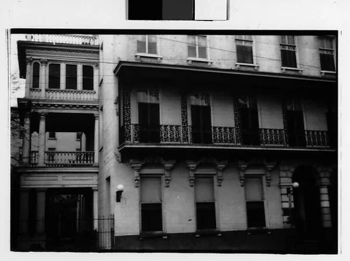 [Two 35mm Film Frames: Hotel Façade with Second-Story Cast-Iron Porch, Southeastern U.S.]