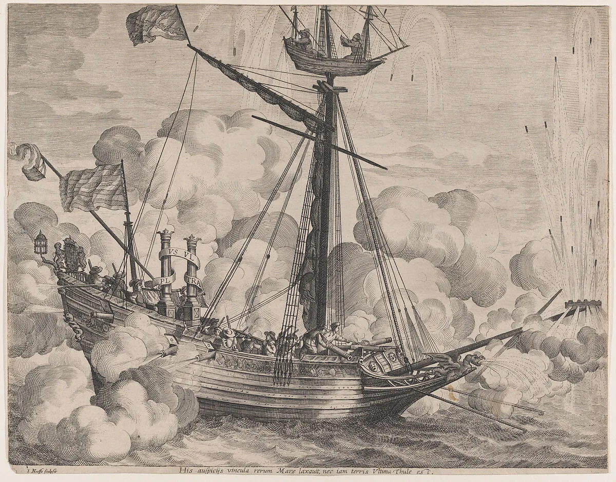 Plate 37: Triumphal ship with fireworks display to the right; from Guillielmus Becanus's 'Serenissimi Principis Ferdinandi, Hispaniarum Infantis...' — Johannes Meursius|Jacob Neeffs