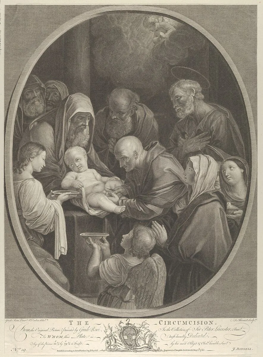 The Circumcision of Christ, a group of men and women surrounding him, an angel in the foreground, after Reni — John Boydell|Richard Earlom|François Germain Aliamet|Guido Reni