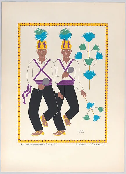 Plate 20: two dancers (Matachines) from the state of Sonora, from 'Trajes regionales mexicanos' (regional Mexican dress) — Editorial Atlante|Carlos Mérida
