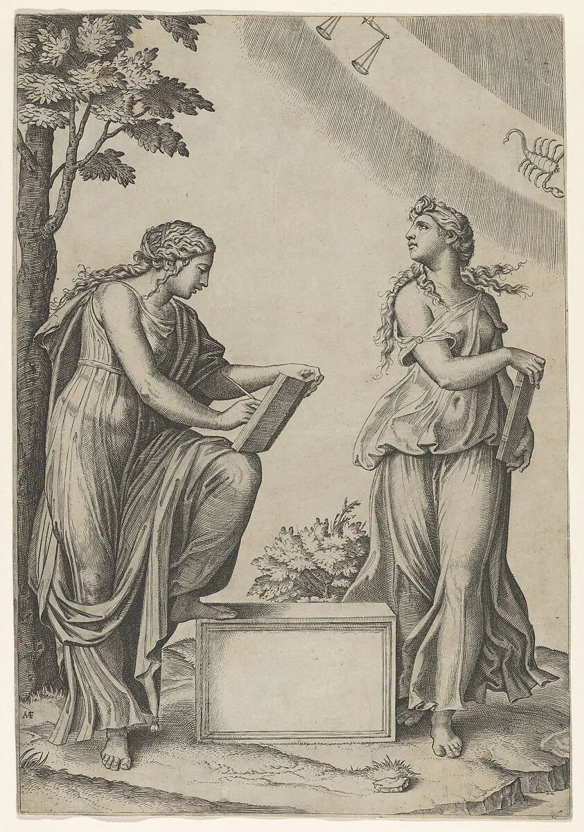Two women of the zodiac standing beneath the signs of Libra and Scorpio — Raphael (Raffaello Sanzio or Santi)|Marcantonio Raimondi