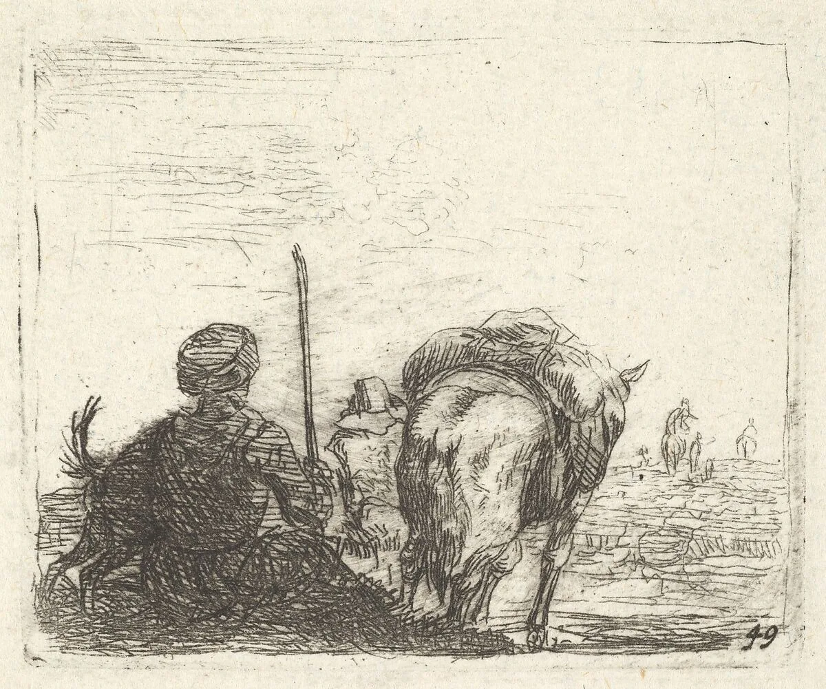 Pack-horse, seated man with staff in right hand, and dog, all viewed from the rear, from the series 'The Small Landscapes' — Karel Dujardin