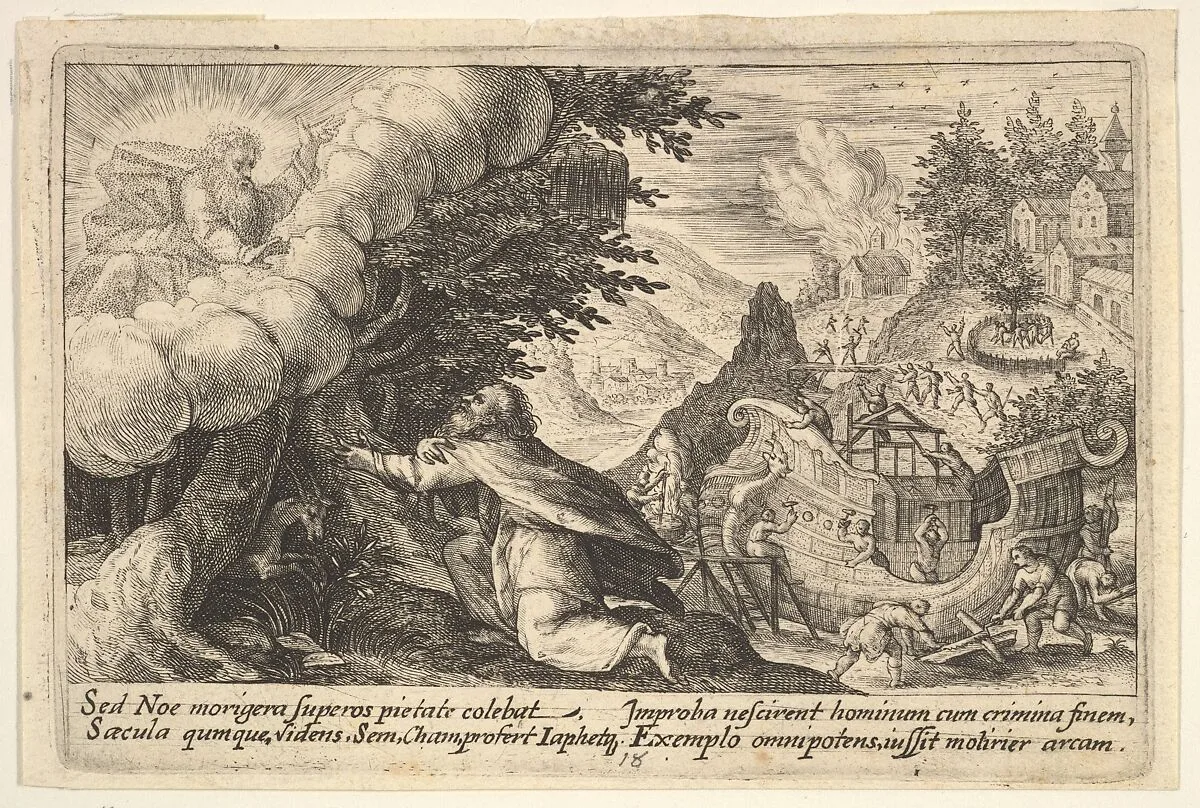 Noah kneeling before God at left, the construction of the ark underway beyond, from "Liber Genesis" — Crispijn de Passe the Elder