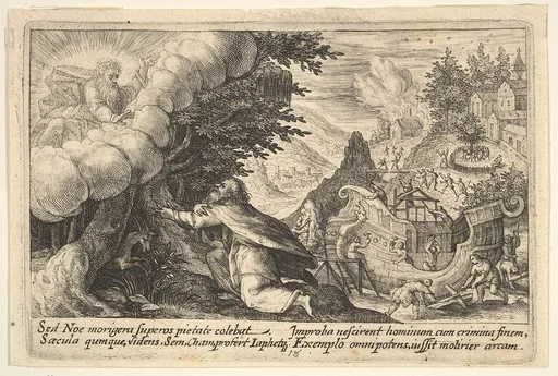 Noah kneeling before God at left, the construction of the ark underway beyond, from "Liber Genesis"