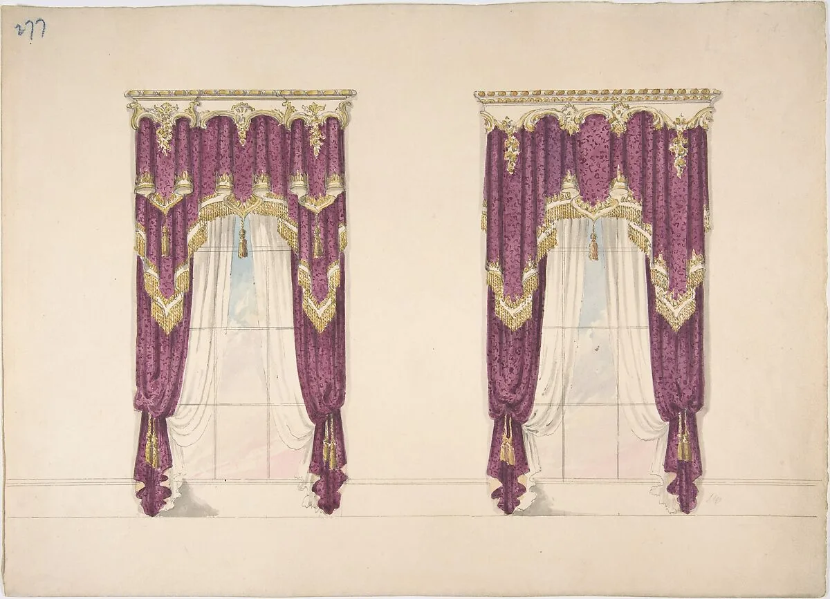 Design for Purple Curtains with Gold Fringes and a Gold and White Pediment — Anonymous, British, 19th century