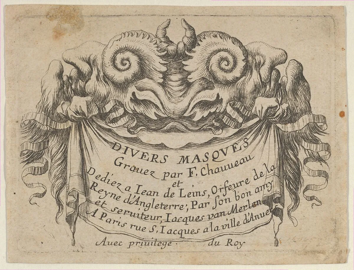 Title Plate with Two Satyr Heads, from Divers Masques — François Chauveau|Jacques Van Merlen