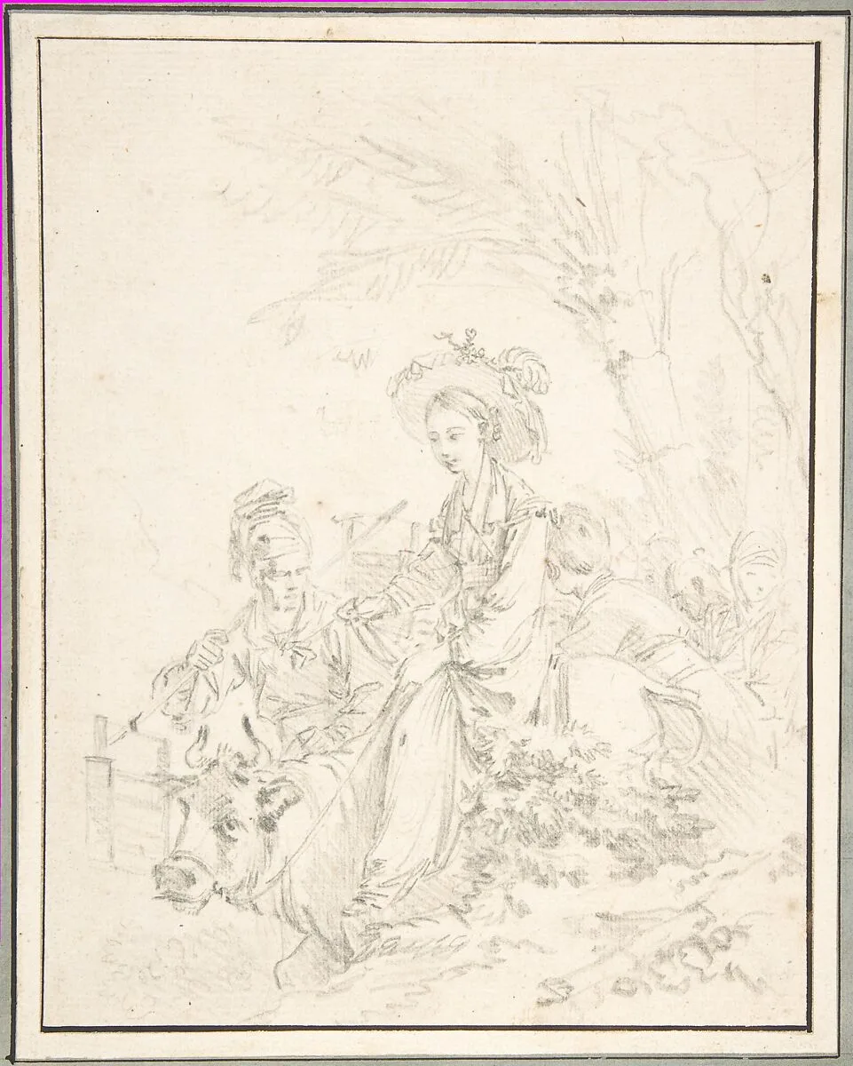 Peasant Girl Riding an Ox with Companions — François Boucher