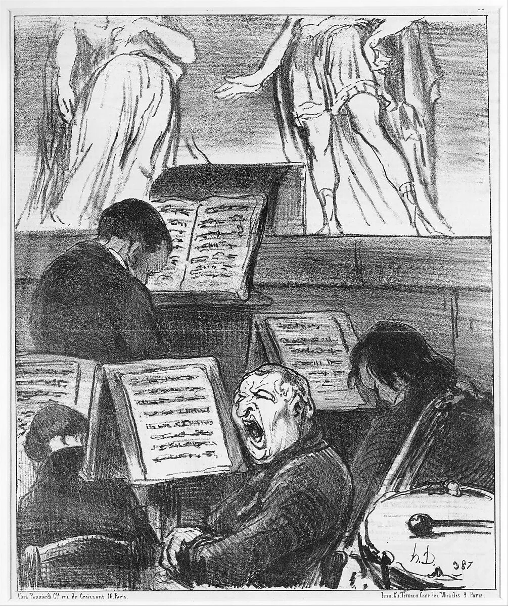 The Orchestra During the Performance of a Tragedy (L'orchestre pendant qu'on joue une tragédie), from Croquis Musicaux, published in Le Charivari, April 5, 1852 — Honoré Daumier|Pannier et Cie.|Charles Trinocq