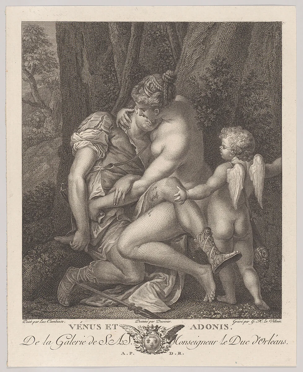 Venus mourning Adonis, seated beneath a tree and embracing him, with Cupid at right — Luca Cambiaso|Gérard René Le Vilain|Jean Bernard Duvivier