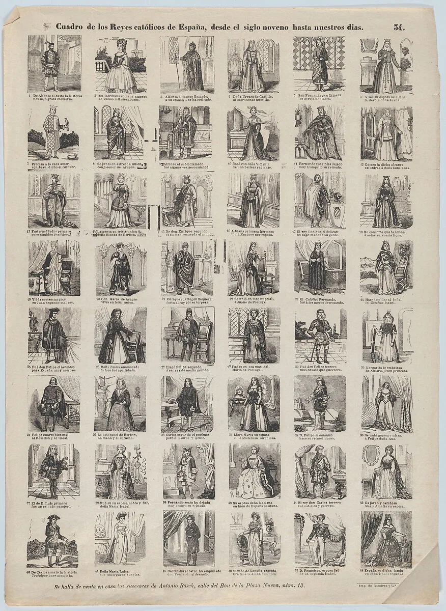 Broadside with 48 scenes depicting the kings and queens of Spain — Antonio Bosch|Narciso Ramirez