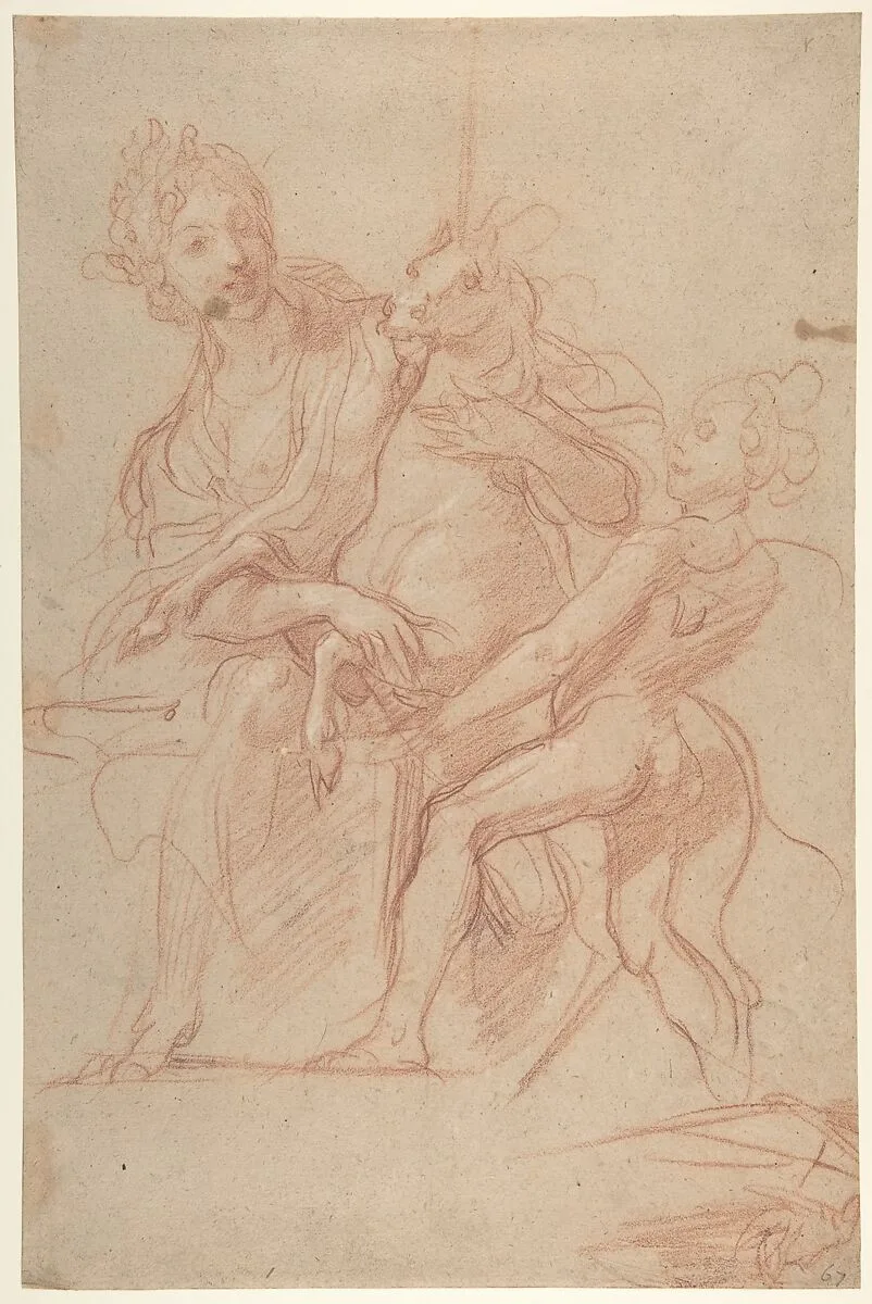 Allegorical Figure of Purity with a Unicorn and Putto (recto); Study of a Nude Boy (verso) — Baldassarre Franceschini (il Volterrano)