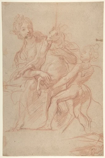 Allegorical Figure of Purity with a Unicorn and Putto (recto); Study of a Nude Boy (verso)