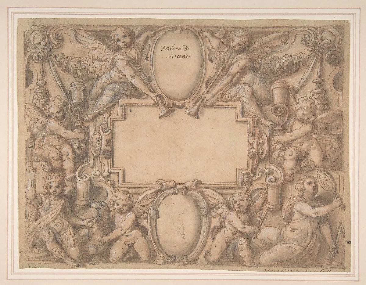 A Cartouche and Two Shields Surrounded by Allegorical Figures. — Andrea Lilli (Lilio)