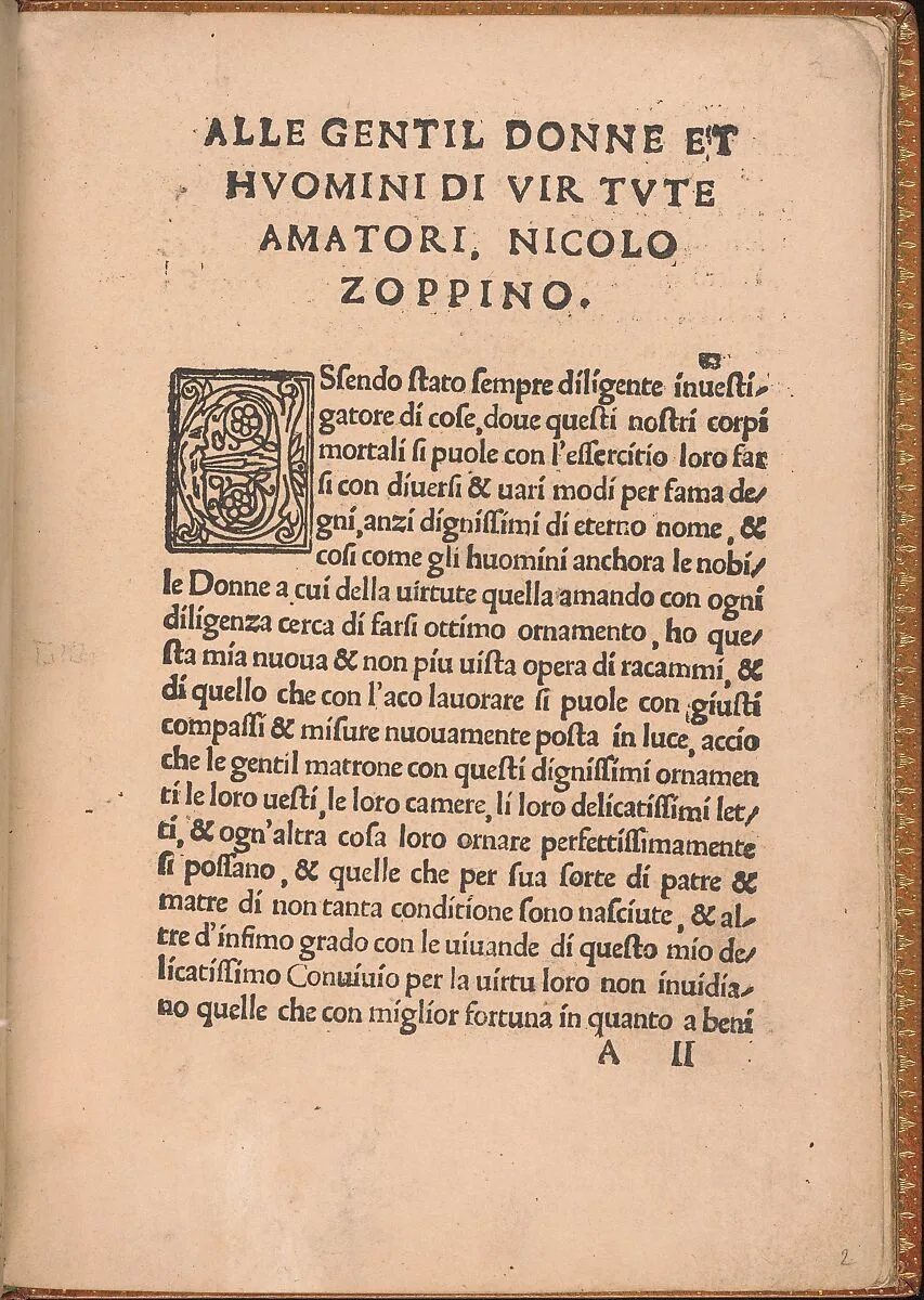 Convivio delle Belle Donne, page 2 (recto) — Nicolò Zoppino|Matteo da Treviso