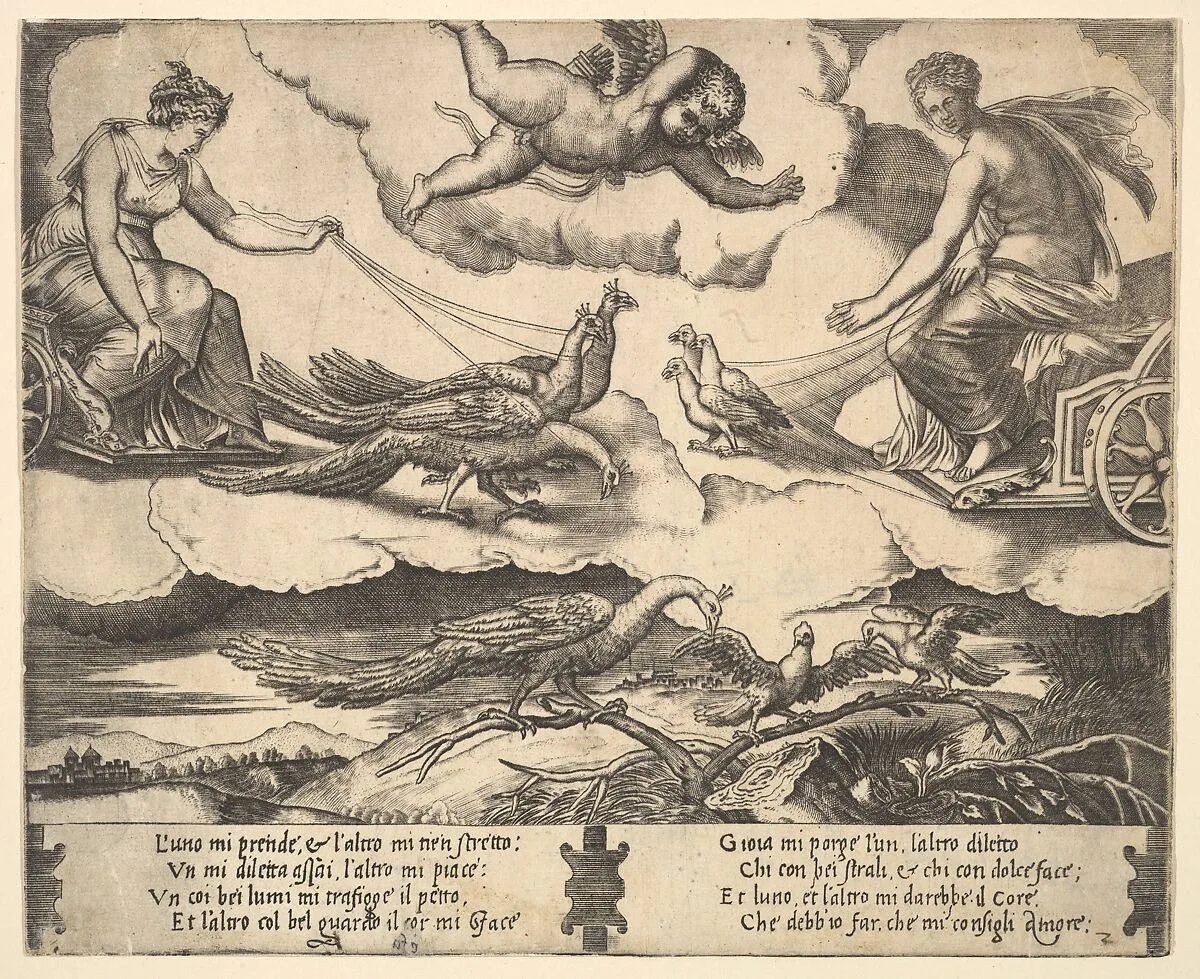Allegory of Marriage and Love; Juno in a chariot drawn by peacocks at left, Venus in a chariot drawn by three doves at the right — Master of the Die|Raphael (Raffaello Sanzio or Santi)
