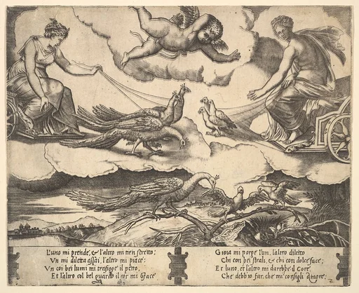 Allegory of Marriage and Love; Juno in a chariot drawn by peacocks at left, Venus in a chariot drawn by three doves at the right