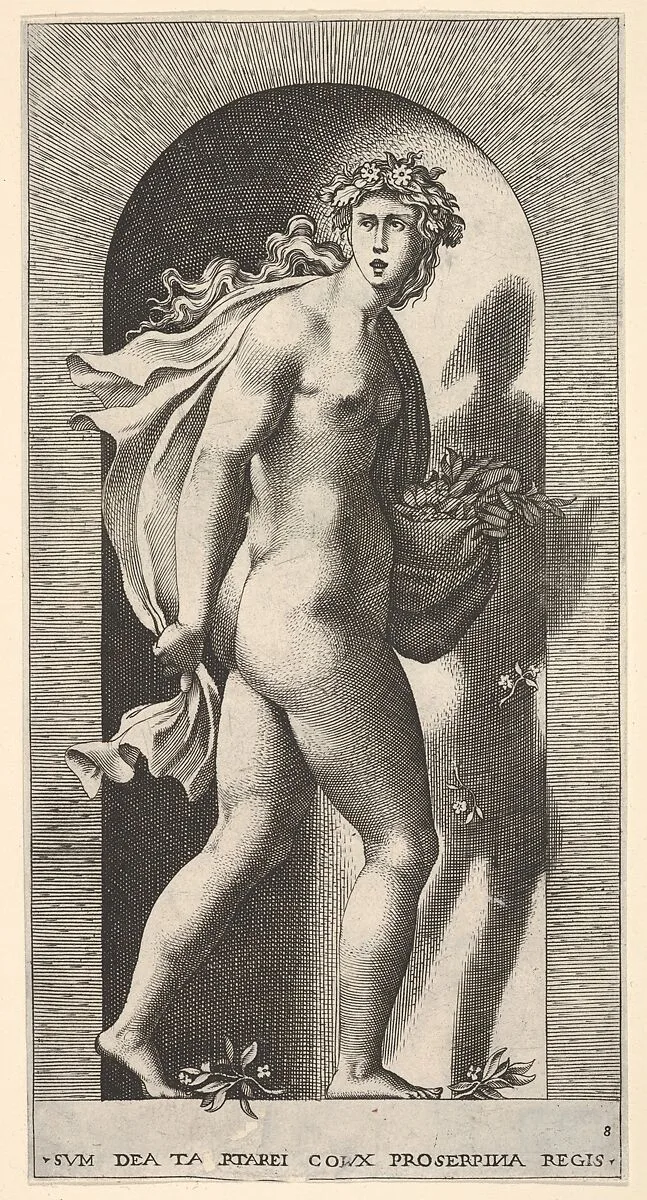 Plate 8: Proserpina, standing in a niche, turning to the right while holding mantle in both hands and flowers in her right hand, from "Mythological Gods and Goddesses" — Giovanni Jacopo Caraglio|Rosso Fiorentino