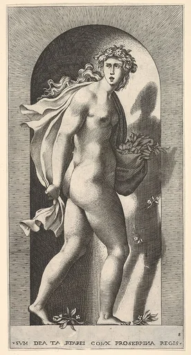 Plate 8: Proserpina, standing in a niche, turning to the right while holding mantle in both hands and flowers in her right hand, from "Mythological Gods and Goddesses"