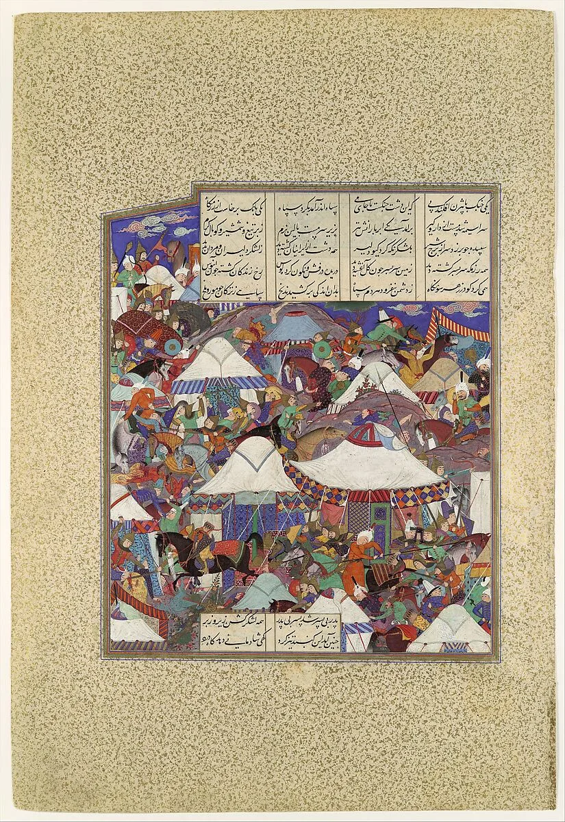 "The Besotted Iranian Camp Attacked by Night", Folio 241r from the Shahnama (Book of Kings) of Shah Tahmasp — Qadimi|Abu'l Qasim Firdausi