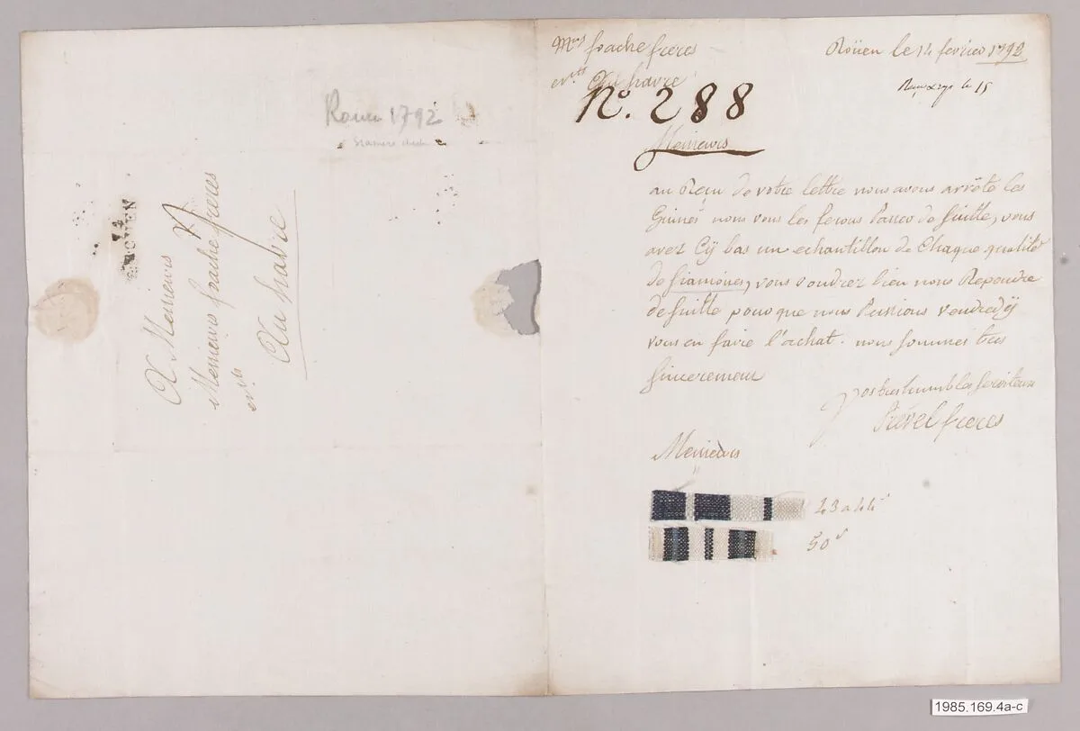 Letter with textile samples — Unknown