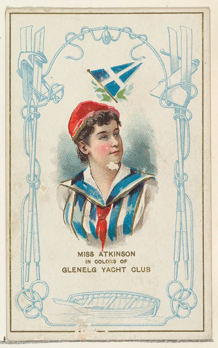Miss Atkinson in Colors of Glenelg Yacht Club, from the Yacht Colors of the World series (N140) issued by Duke Sons & Co. to promote Honest Long Cut Tobacco — W. Duke, Sons & Co.