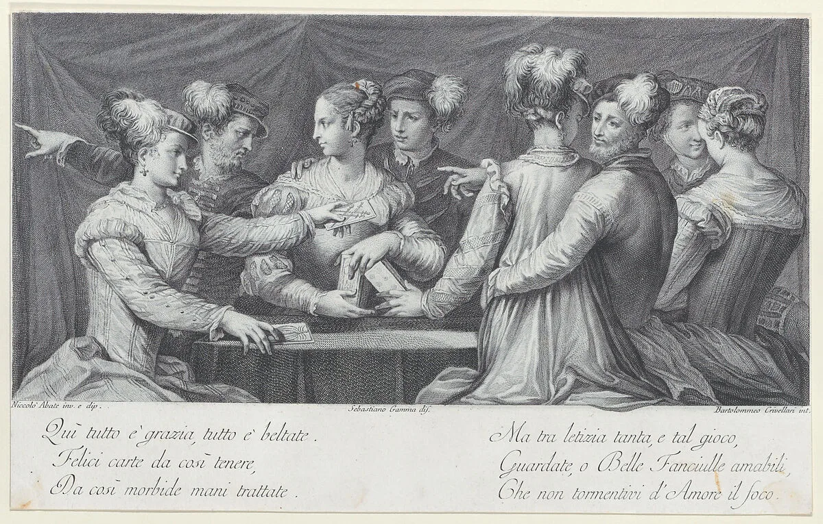 A group of elegantly dressed people playing cards — Nicolo Dell'Abbate|Sebastiano Gamma|Bartolomeo Crivellari