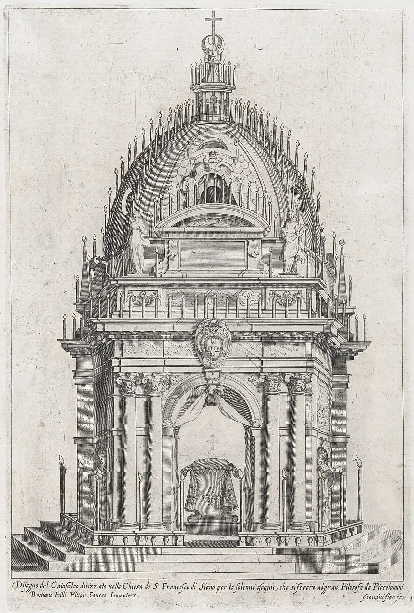 Design of the catafalque for Francesco Piccolomini; from 'Libro De Catafalchi, Tabernacoli, con varij designi di Porte fenestre et altri ornamenti di Architettura' — Francesco Piccolomini|Sebastiano Folli|Giovanni Florimi