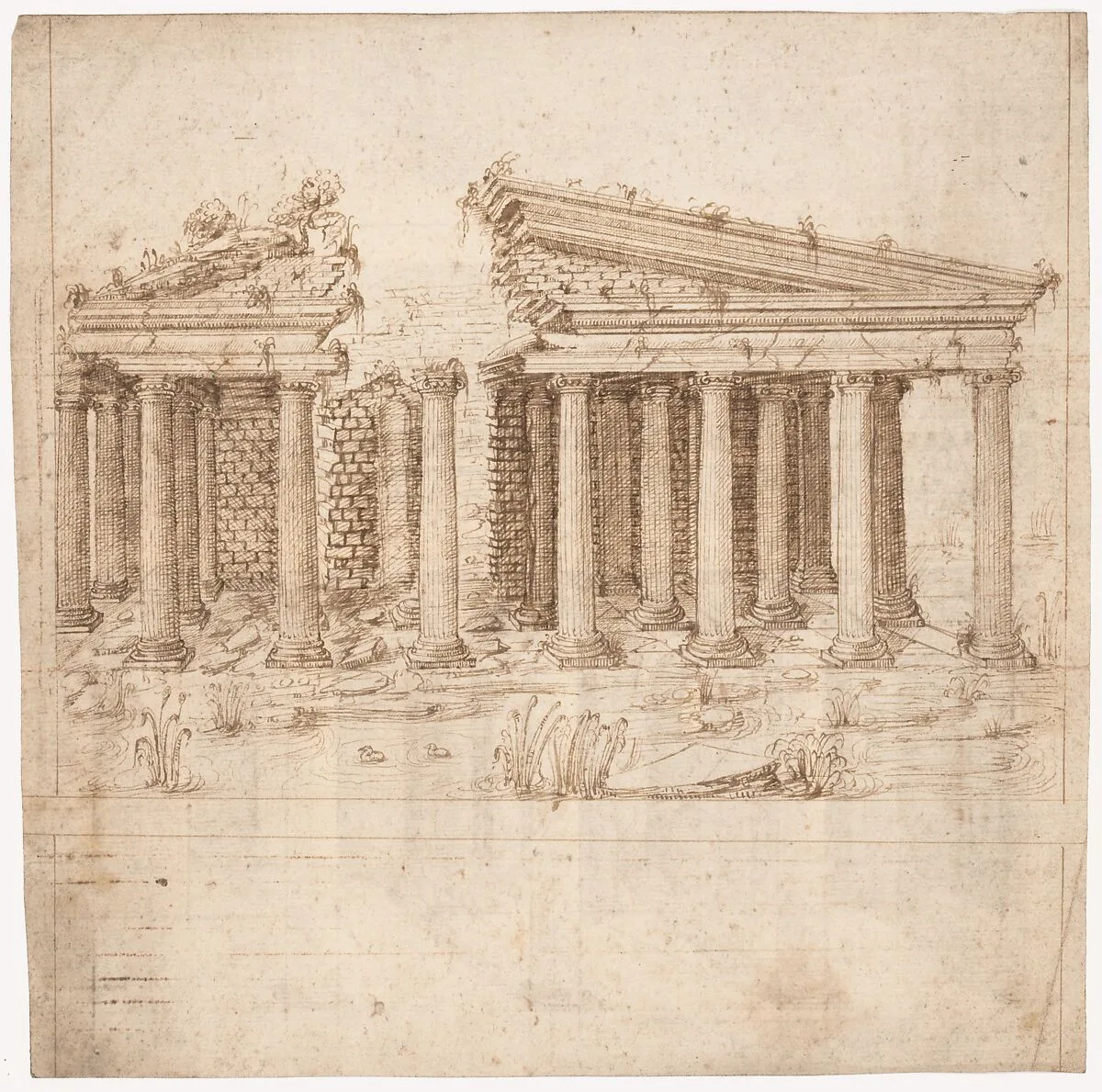 Recto: Front Elevation of a Roman Temple in Ruins (inspired by Giuliano da Sangallo); Verso: Elevation of the Nave of a Roman Basilica in Ruins (? the Basilica Giulia, inspired by Giuliano da Sangallo). — Sangallo family|Marcus Pollio Vitruvius