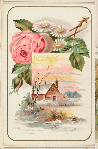 Scenic log cabin scene with roses and dasies, bakery card from the Picture Cards series (D63), issued by the Vienna Model Bakery — Vienna Model Bakery
