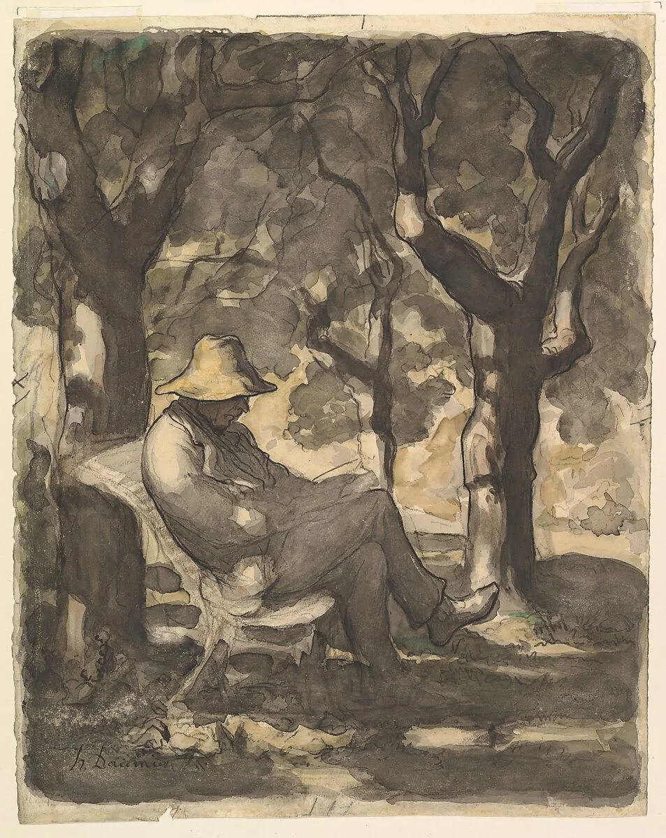 A Man Reading in a Garden (recto); Preliminary sketch for a Man Reading in a Garden (verso) — Honoré Daumier