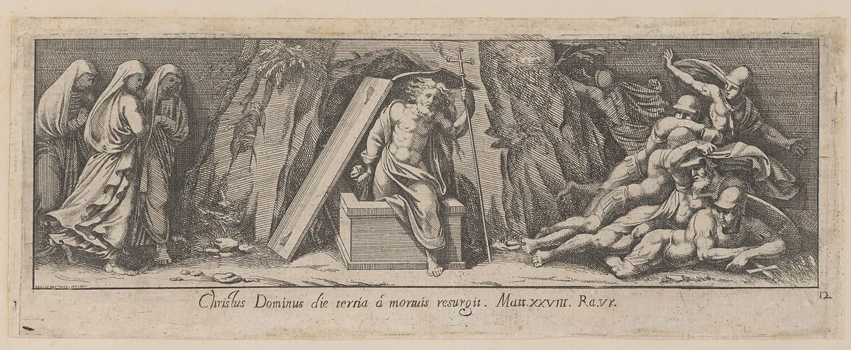 Plate 12: The Resurrection, after a lost fresco in the basamento of Bay 13 of the Vatican Loggia — Pietro Santi Bartoli|Giovanni Giacomo De Rossi|Raphael (Raffaello Sanzio or Santi)