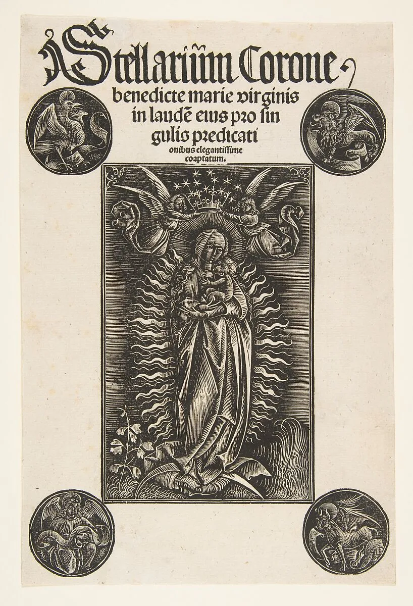 Virgin on a Crescent, Title-page from Pelbartus de Temesvar: Stellarium corone (Schr. 2869) — Daniel Hopfer|Johann Otmar