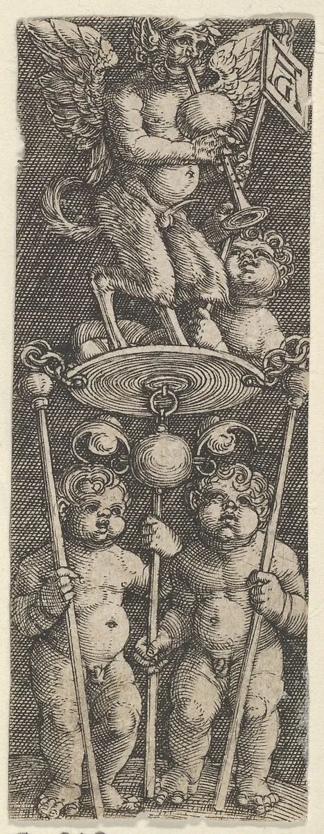 Vertical Panel with Two Children Supporting a Pedestal with a Satyr Playing a Bagpipe — Heinrich Aldegrever