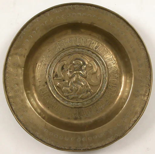 Plate, Woman Holding Bird and Inscription