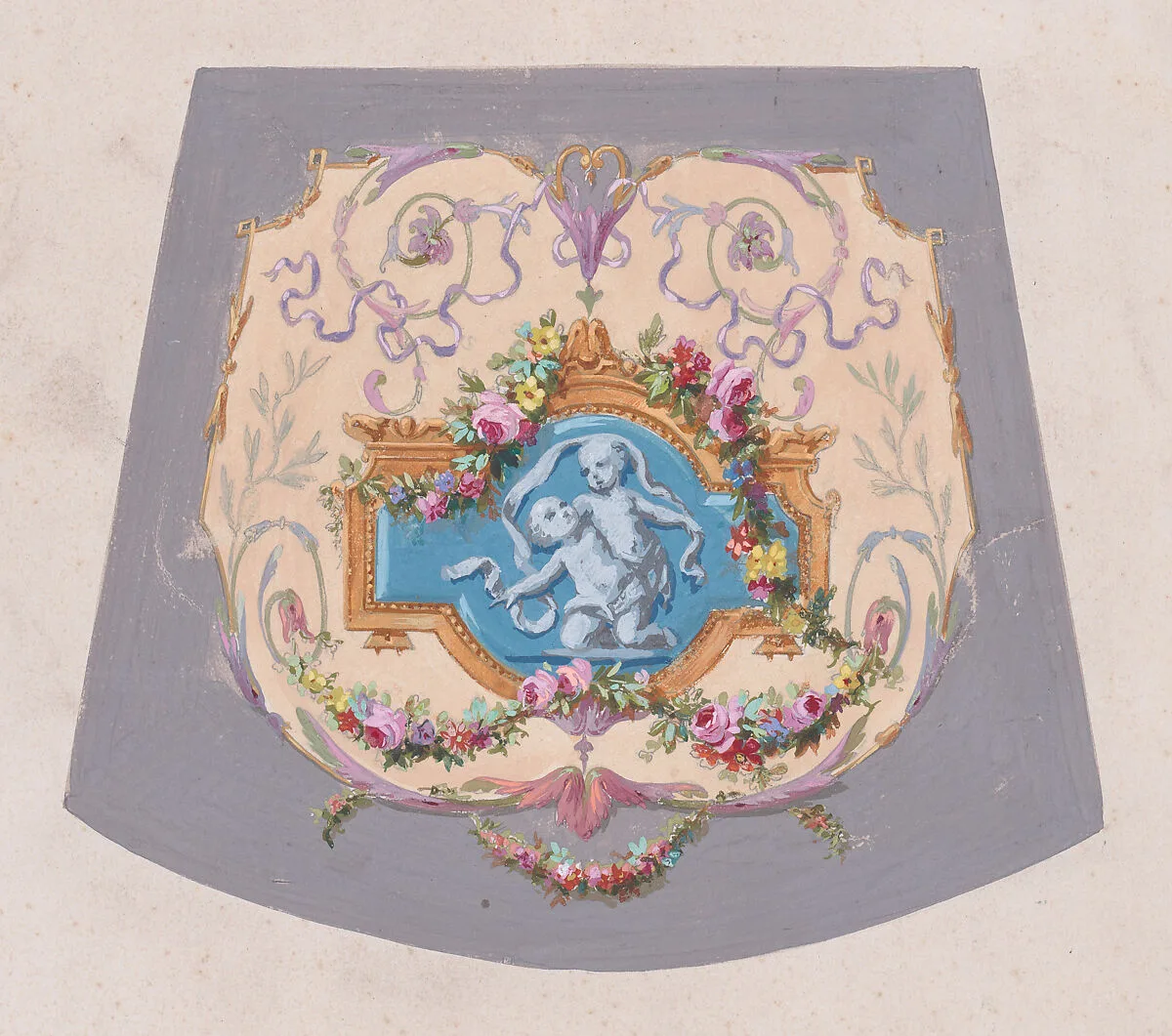Design for a Chair Seat Cover with an Ornamental Frame with Two Restling Putti with Hanging Garlands of Leaves and Flowers Inside a Larger Ornamental Frame Featuring a Heart-Shape Motif — Anonymous, French, 19th century
