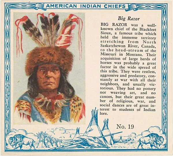 Card No. 19, Big Razor, from the Indian Chiefs series (T129) issued by Red Man Chewing Tobacco — Red Man Chewing Tobacco