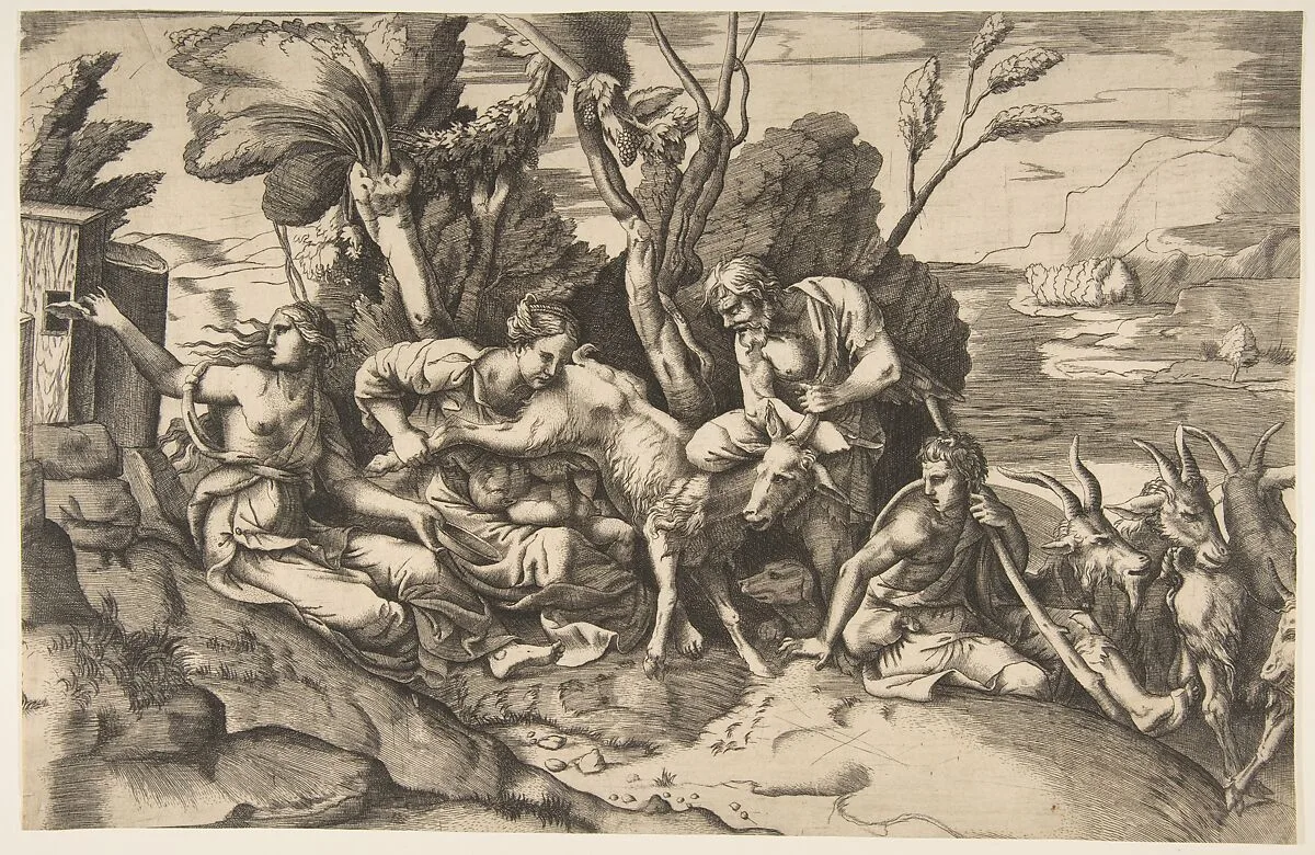 Jupiter suckled by the goat Amalthea — Giulio Bonasone|Giulio Romano