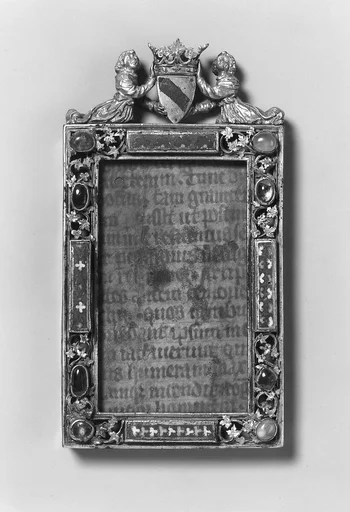 Enamelled frame with angels holding coat-of-arms
