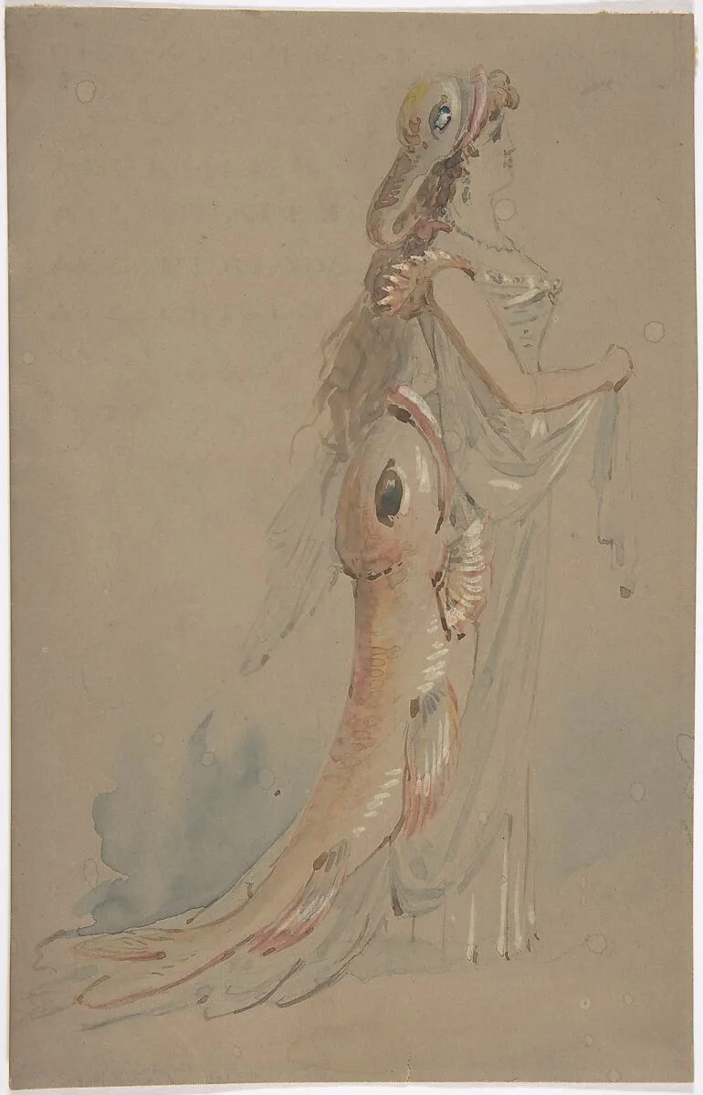 Woman Wearing a Costume Whose Bustle and Headdress are the Shape of Fishes — Anonymous, British, 19th century