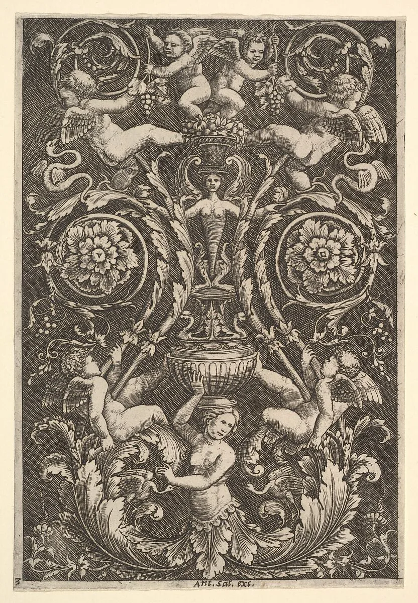 A panel of ornament with putti and other figures — Master of the Die|Perino del Vaga (Pietro Buonaccorsi)|Antonio Salamanca