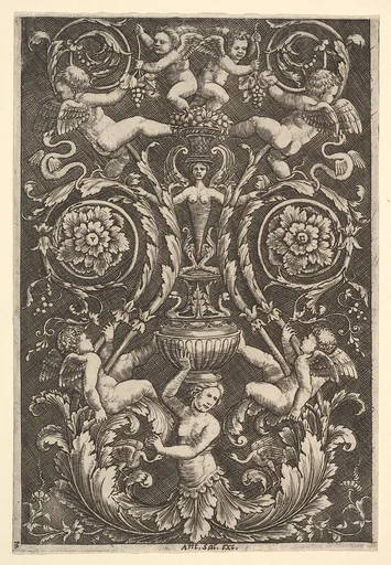 A panel of ornament with putti and other figures