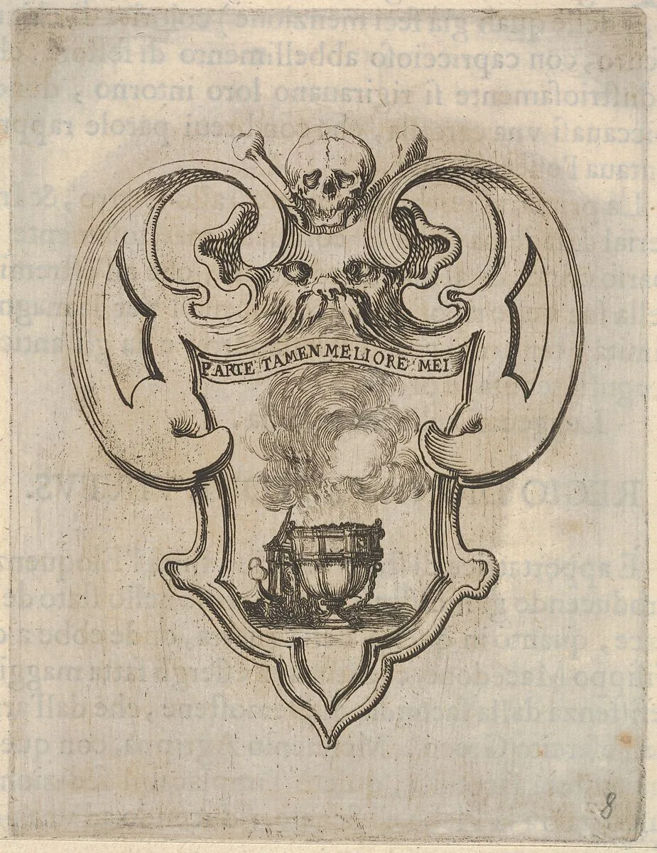 A cartouche with a censer, a skull and crossbones and a grotesque face at top, from 'Eight Emblems for the Funeral of Francesco de Medici' (Huit emblèmes pour les funérailles du prince François de Médicis) — Stefano della Bella