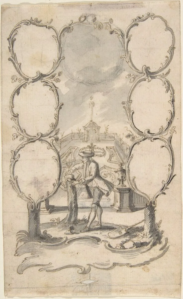 Ornamental family tree with man planting a tree and garden beyond — Anonymous, German, 18th century