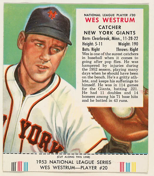 Wes Westrum, from the Red Man All-Star Team series (T233), issued by Red Man Chewing Tobacco — Red Man Chewing Tobacco