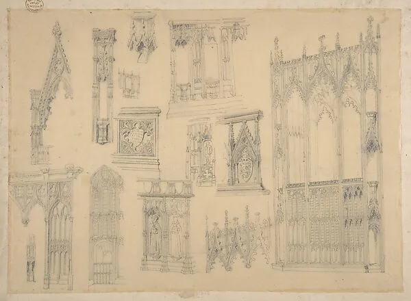 Studies of church facades from the Workshop of Froment-Meurice; verso, design for building facades — Jacques-Charles-François-Marie Froment-Meurice