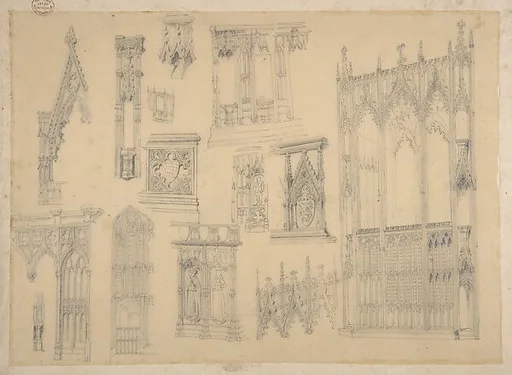 Studies of church facades from the Workshop of Froment-Meurice; verso, design for building facades