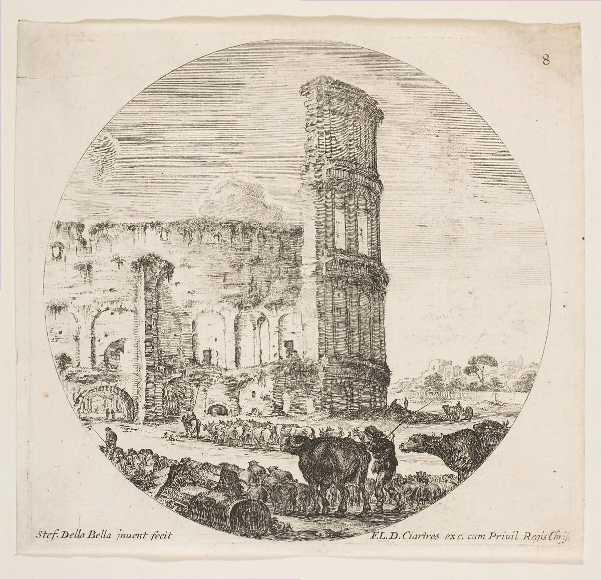 The Colosseum, two herds being directed towards the amphitheater in the foreground, plate 8 from "Roman landscapes and ruins" (Paysages et ruines de Rome) — Stefano della Bella|François Langlois